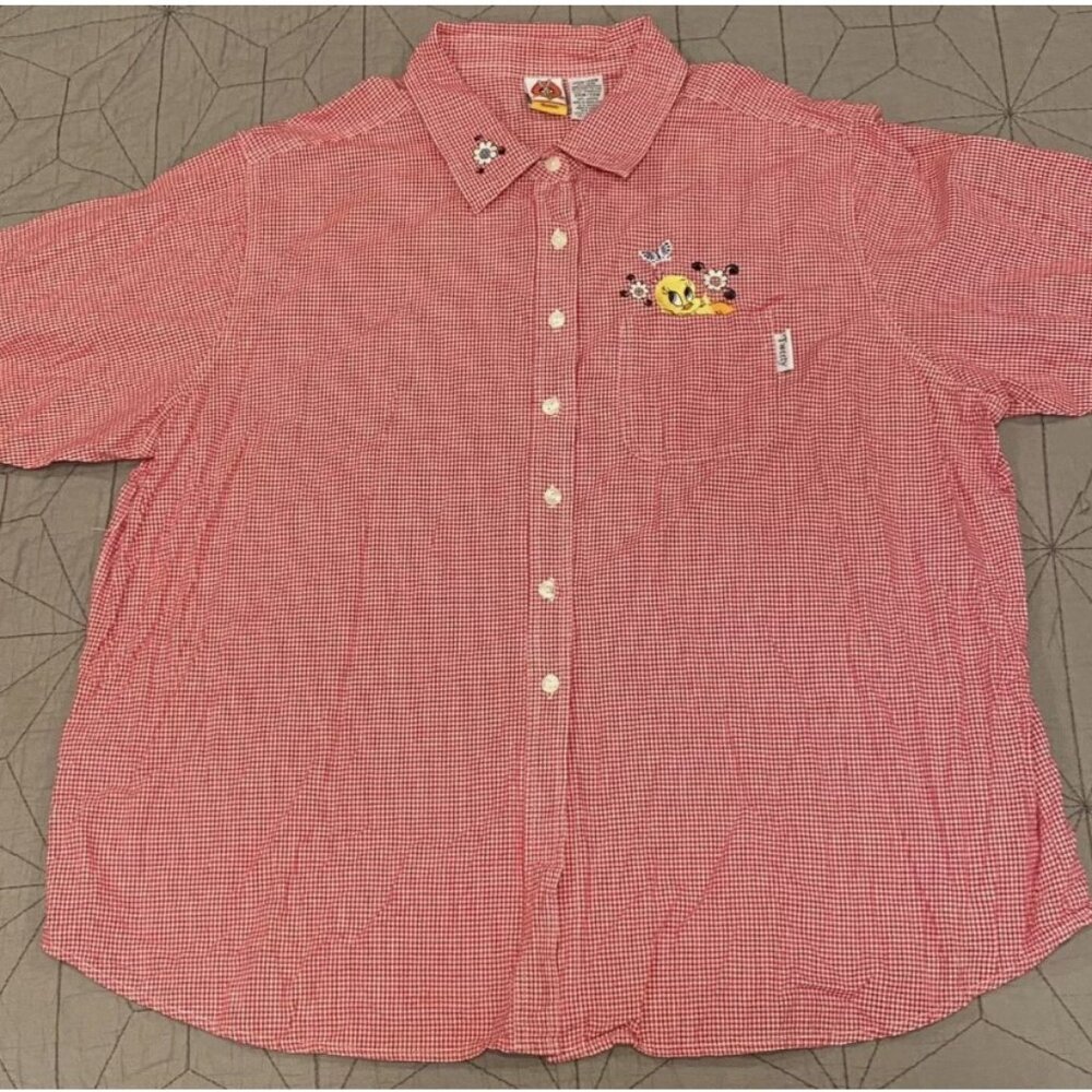 Vtg Tweety Red White Check Button Up Shirt Plus 26W 28W Embroidered Gingham